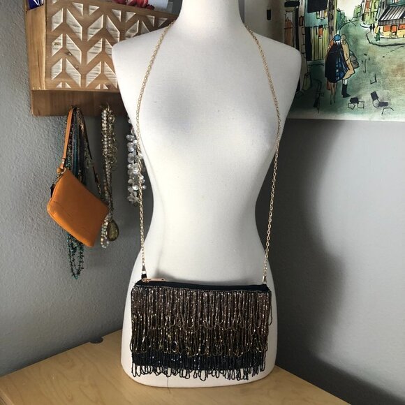 Lulu Satin Metallic Beaded Fringe Crossbody Bag - NEW - Picture 2 of 9